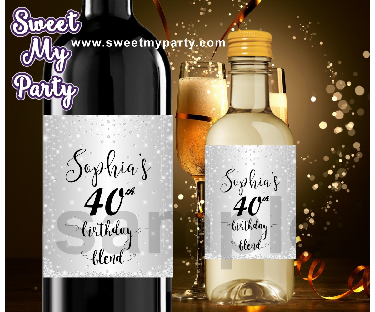 40th Birthday wine labels,40th Birthday Silver Diamonds personalized wine labels,(13ab)
